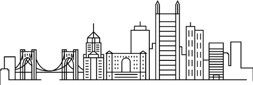 A black and white drawing of a city